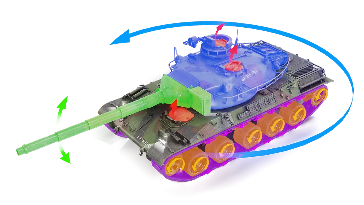AMX 30 model with color overlay marking of all  articulatest part. The canion is green, the turret is blue. The Wheels an track orange/violet and all hatches market in red.