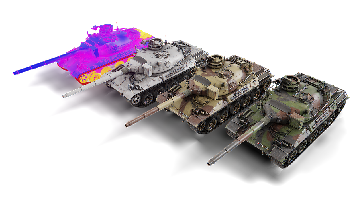 AMX 30 showing in 4 texture variants. From Left to right: IR Texture, Winter Camo, Desert Camo and standard summer Camo.